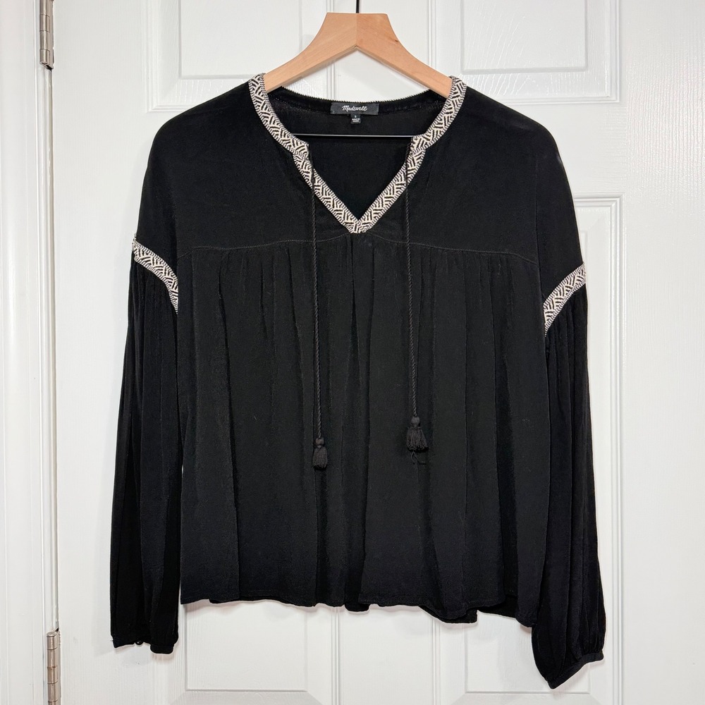 Madewell Black Embroidered Tassel V-Neck Peasant Blouse Top S Boho Viscose Goth